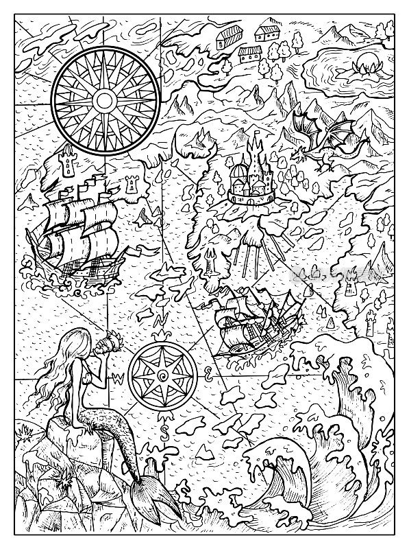 Black and white marine illustration of map with mermaid, islans, continent, ship, compass and sea monsters.